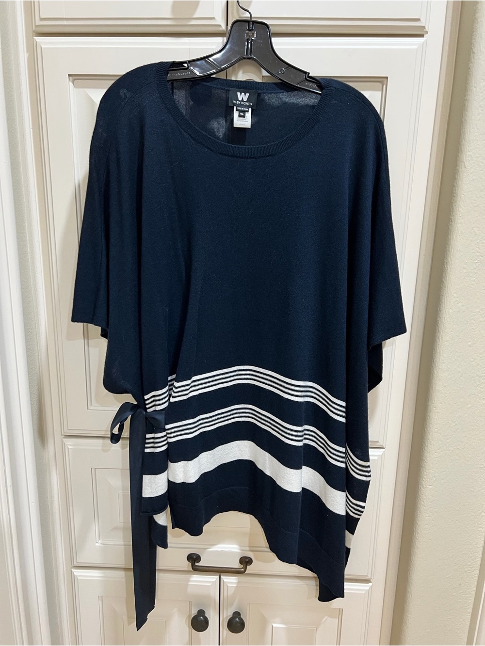 W by Worth Navy & White Knit Sweater with Side Ribbon Tie